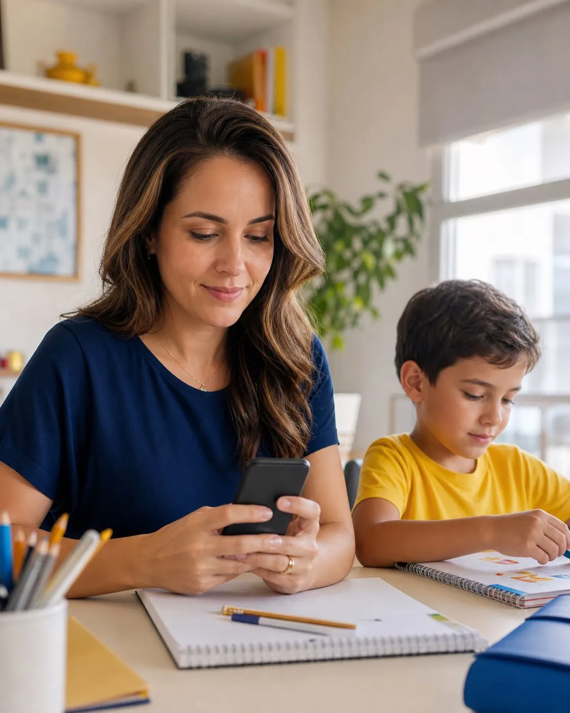Responsável preenchendo a solicitação de visita pelo celular ao lado do filho
